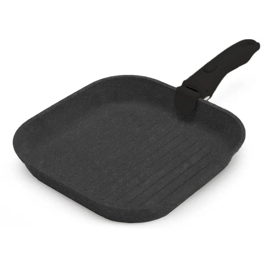 Black square frying pan with handle on a white background