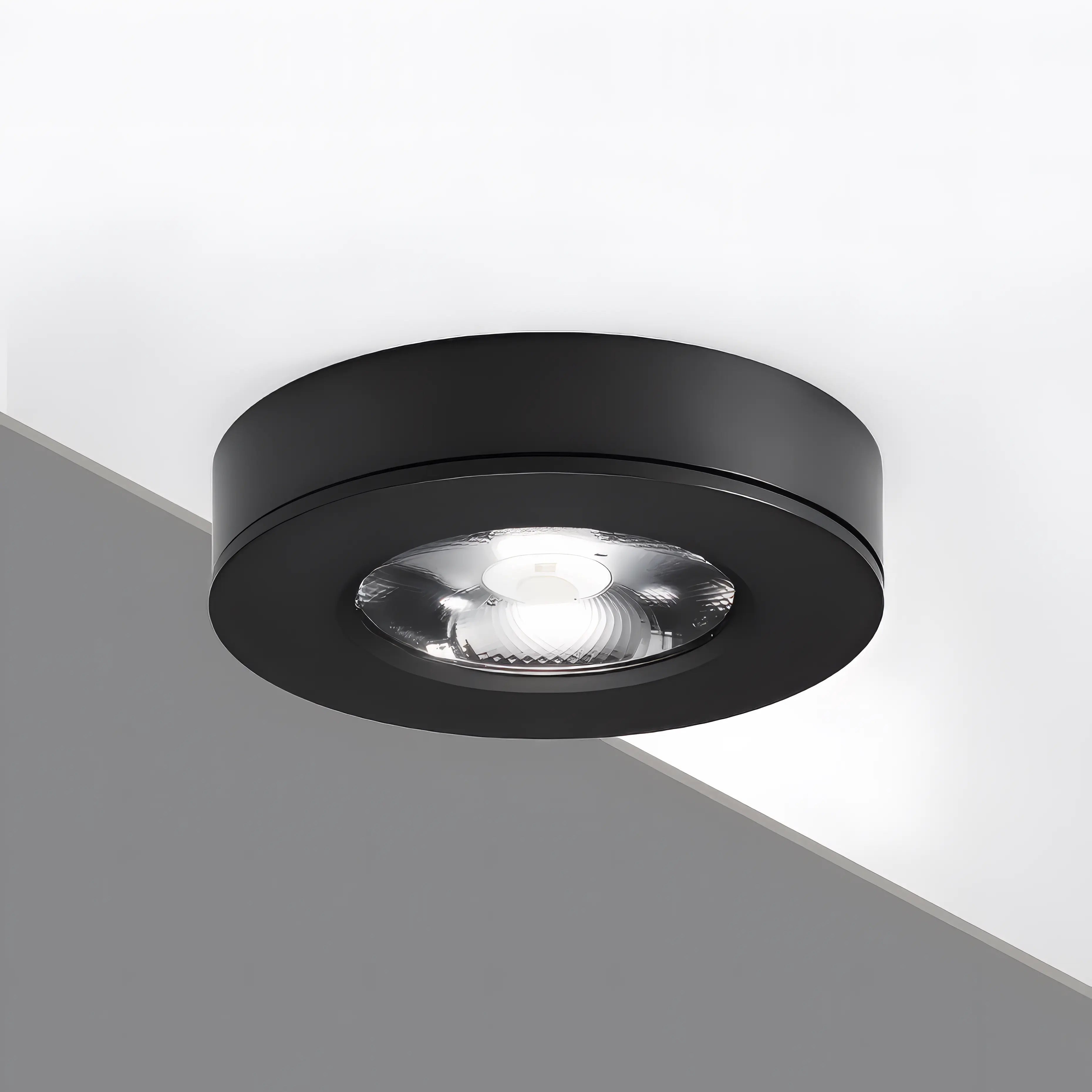 Black ceiling light fixture on a white and gray background