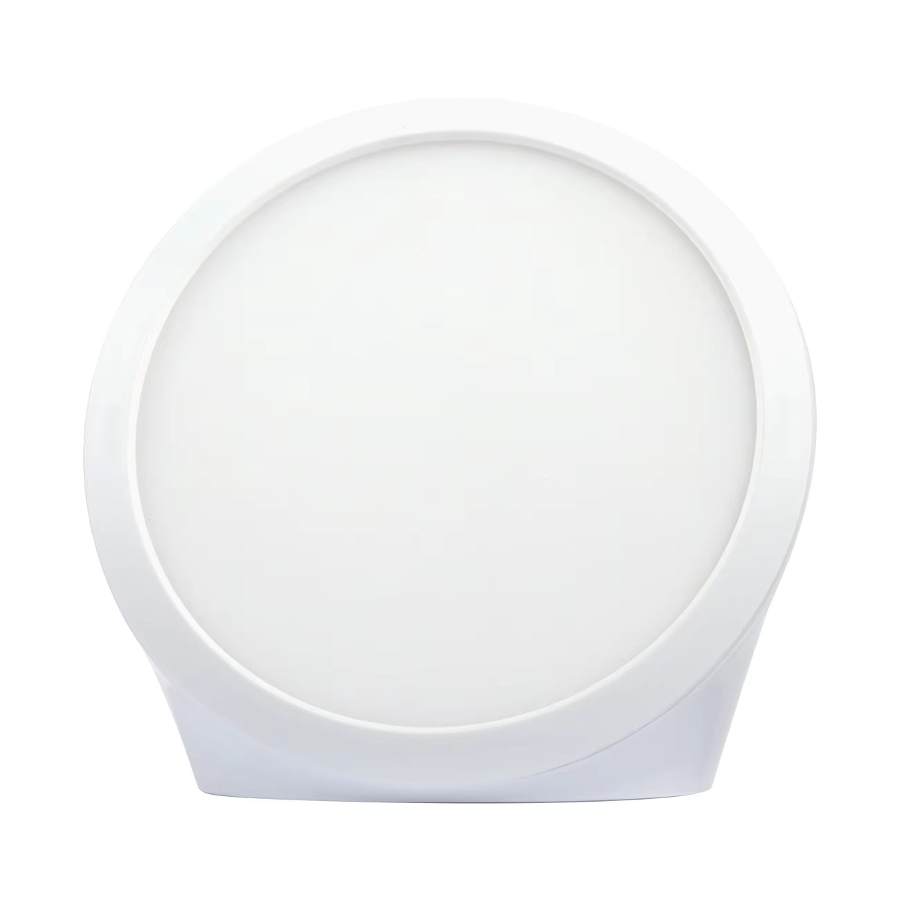 Round white light fixture on a white background