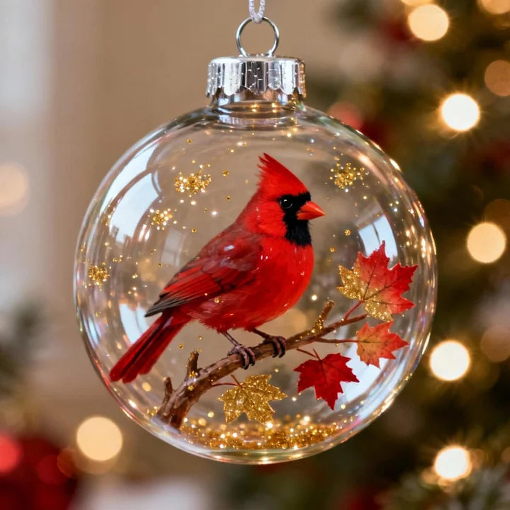 Clear Christmas ornament with a red cardinal and leaves against a blurred festive background