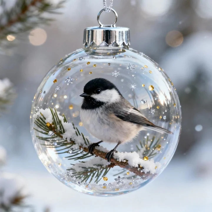 Christmas ornament with a chickadee on a branch inside a clear ball, against a blurred snowy background.