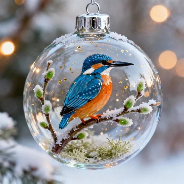 Decorative glass ornament with a painted bird on a branch, set against a blurred snowy background.