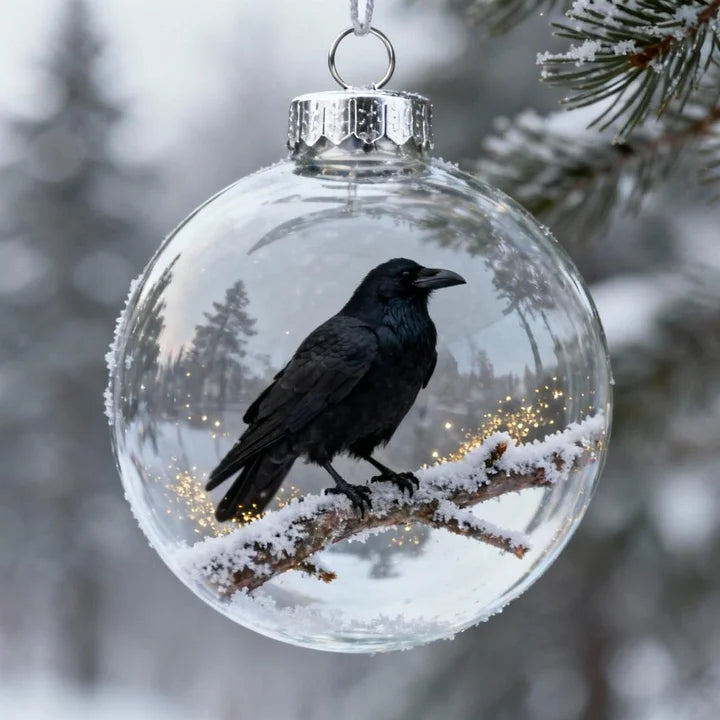 Clear Christmas ornament with a black crow on a branch, set against a snowy forest background.