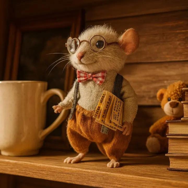 Stuffed mouse toy with glasses and a bow tie holding books on a wooden shelf.