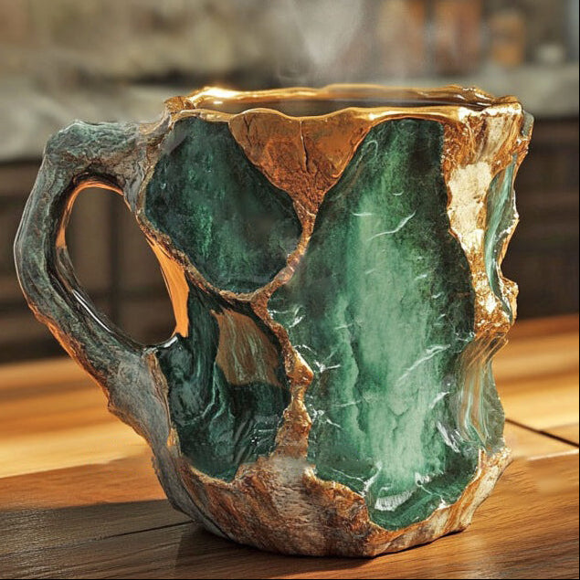 Ceramic mug with green and gold design on a wooden surface
