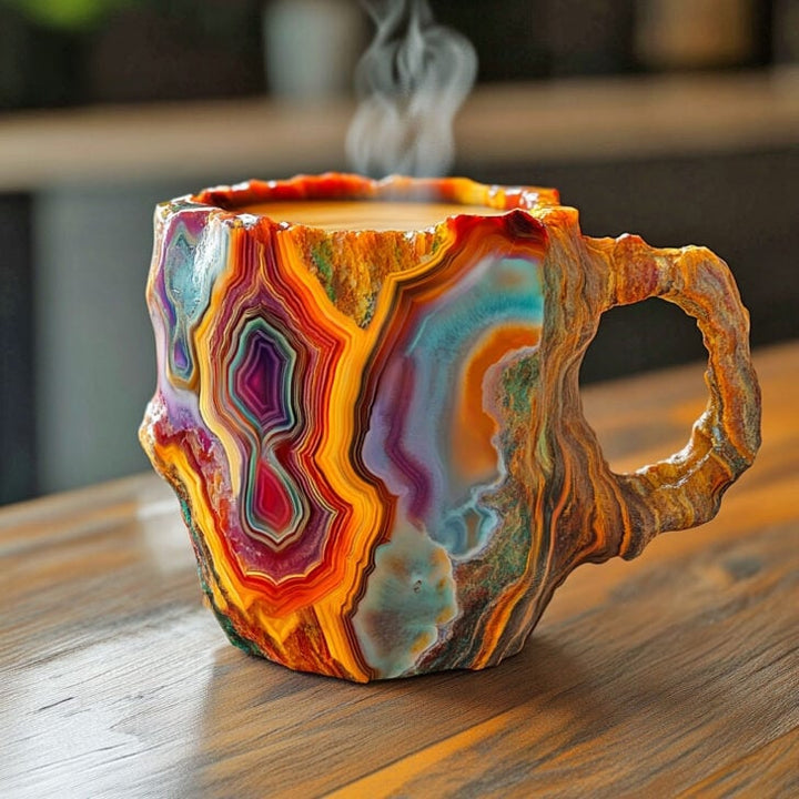 Colorful agate-patterned mug on a wooden surface with steam rising from it.