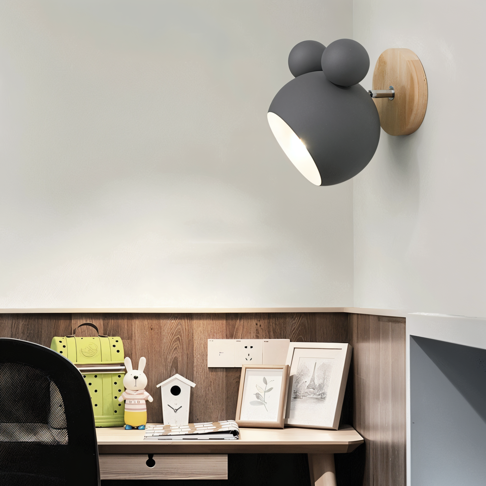 Modern wall lamp with wooden accents in a room setting.