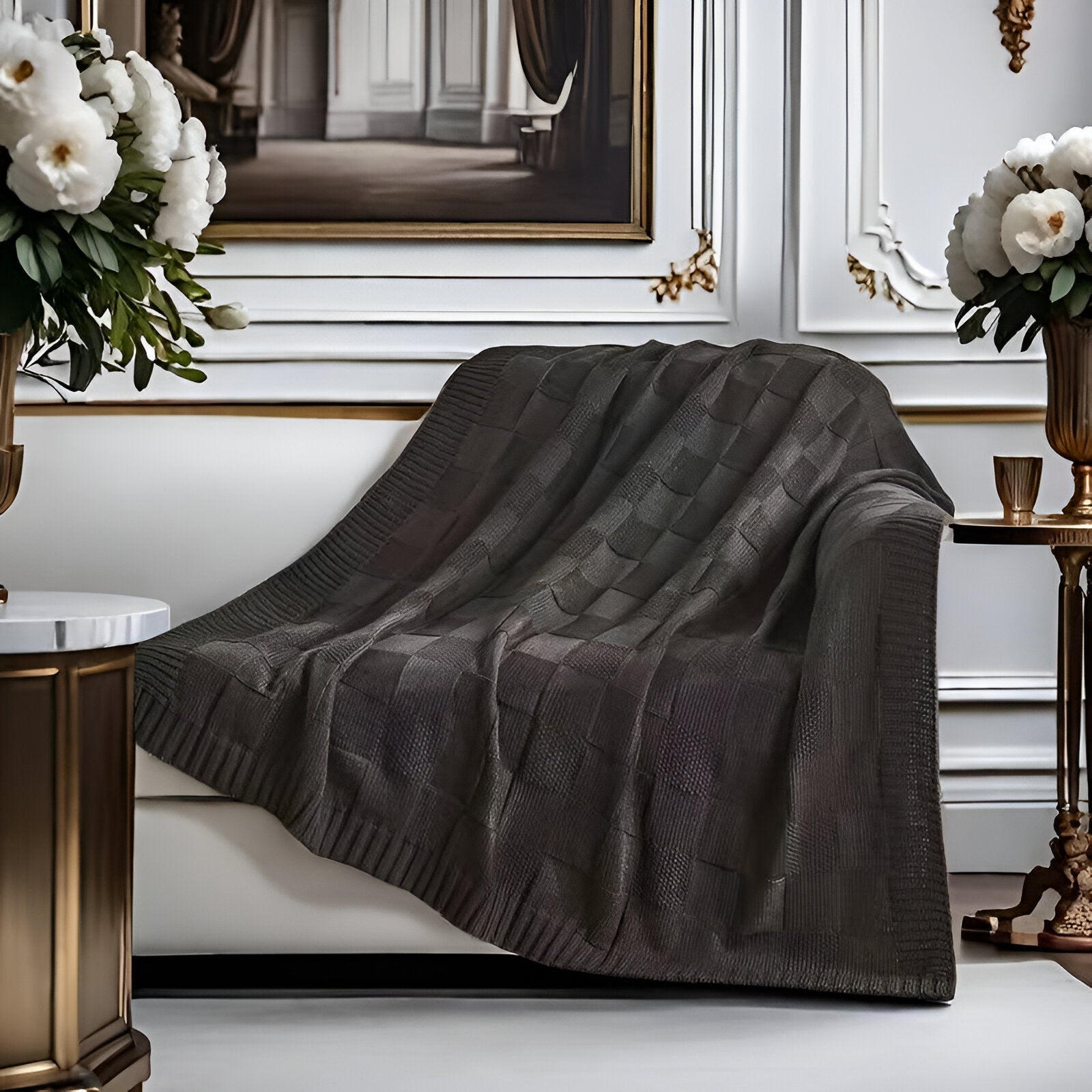 Dark gray quilt draped over a sofa in a stylish room with decorative elements.