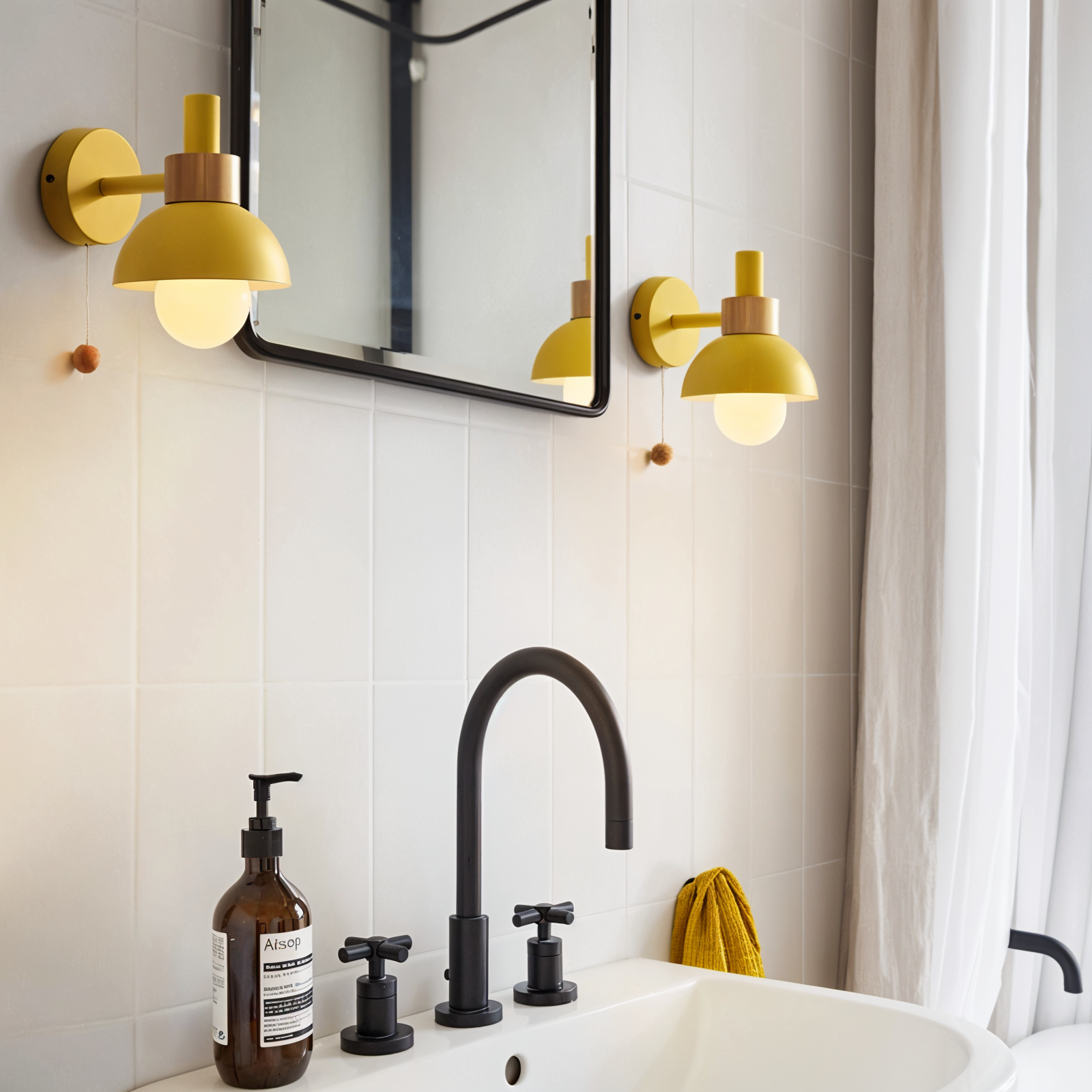 Bathroom interior with yellow wall lights, black faucet, and white sink.