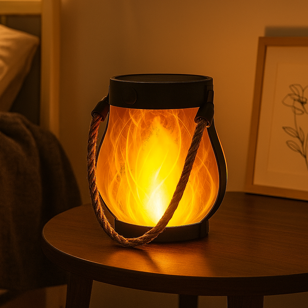 Decorative lantern with a warm glow on a wooden surface in a cozy room setting.
