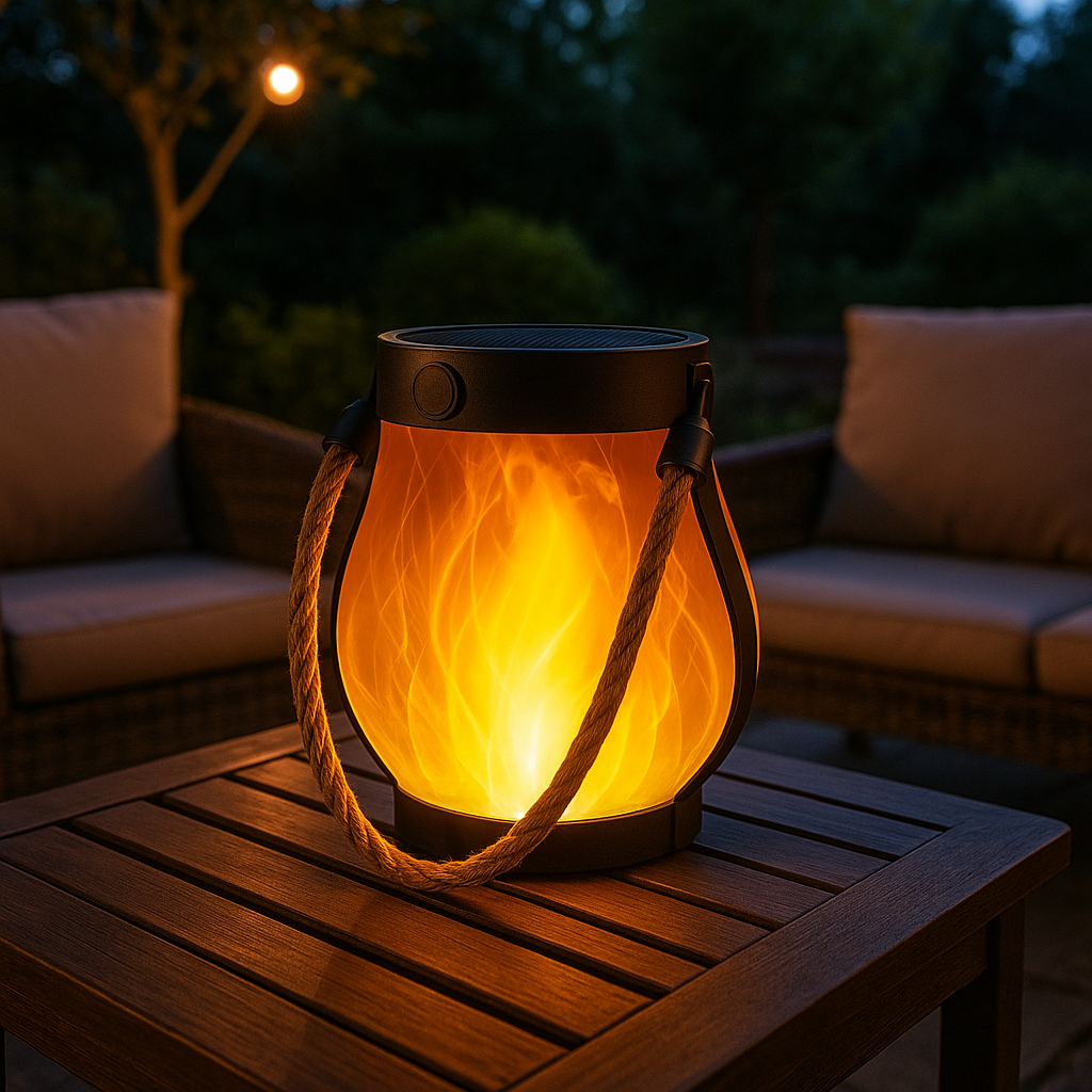 Solar lantern on a wooden table outdoors with a blurred background