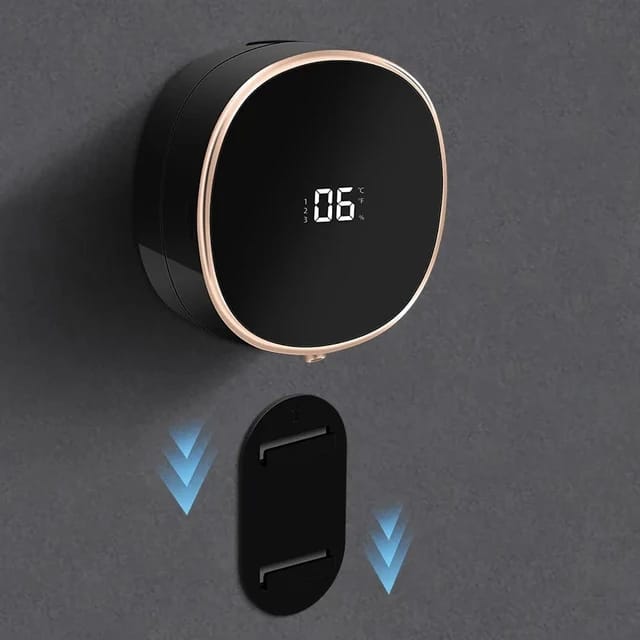 Black electronic device with digital display on a gray background