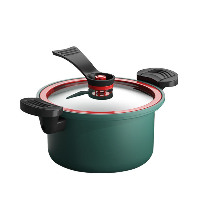 Green cooking pot with black handles and red interior on a white background