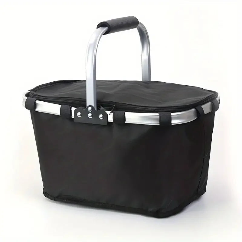 Black folding basket with a silver handle on a white background