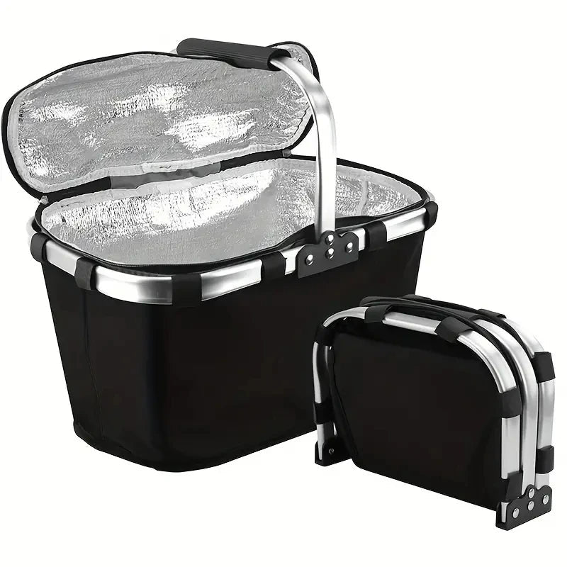 Black and silver insulated lunch bag with a smaller black bag on a white background