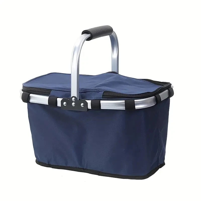 Blue folding basket with a black handle on a white background