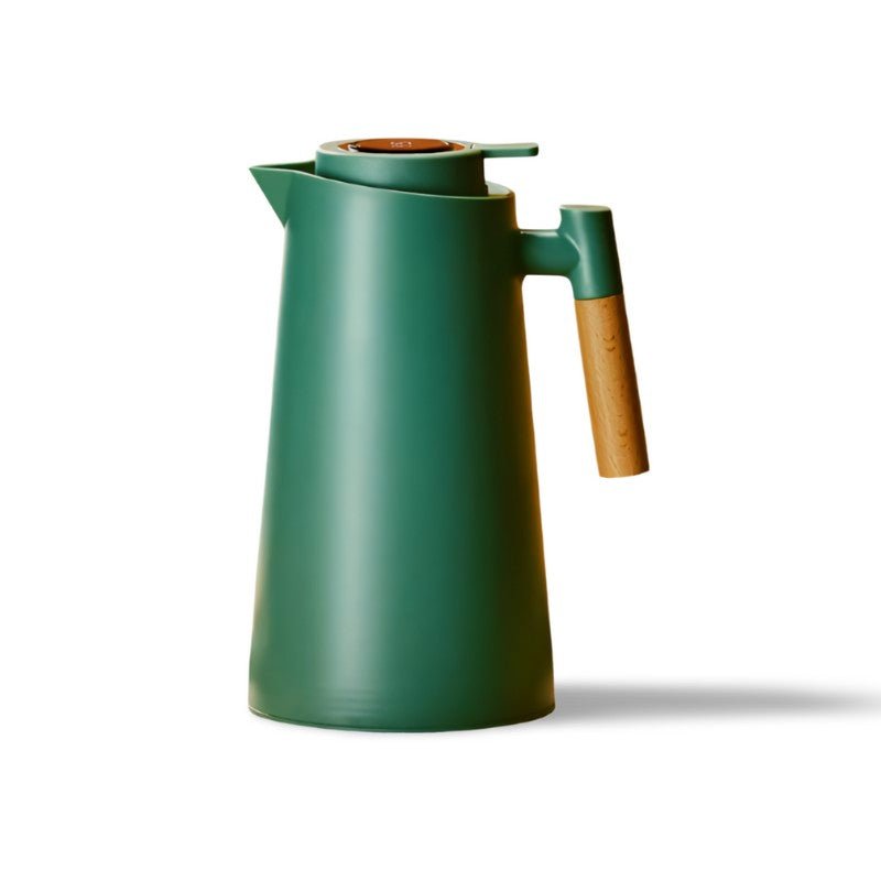 Green thermos with wooden handle on a white background