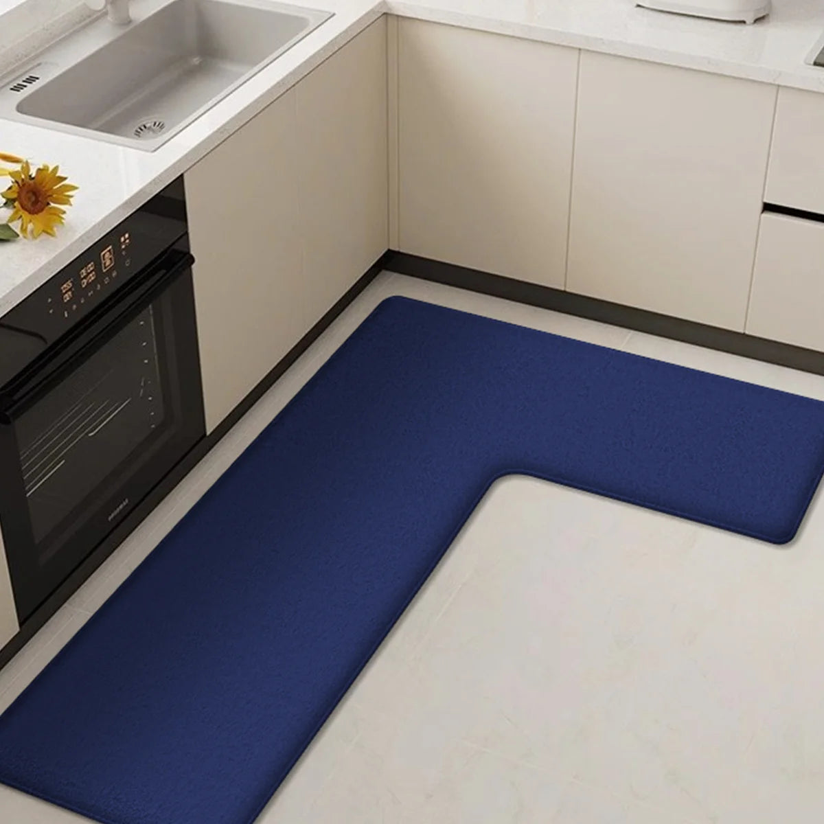 L-Shaped Kitchen Mat, Non-Slip Flannel Floor Mat, Washable Oil-Absorbing Kitchen Rug for Comfort and Safety 0