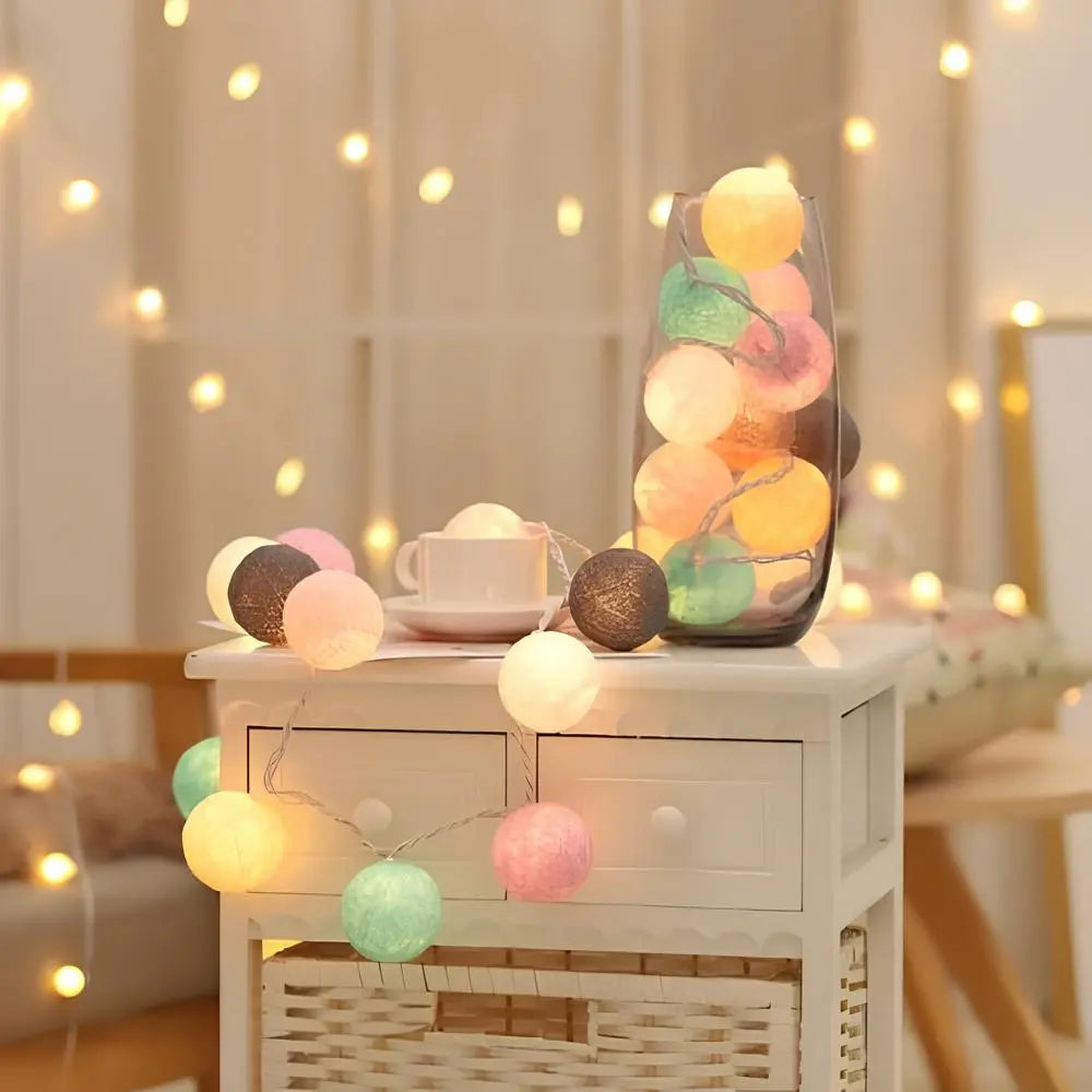 LED Cotton Ball String Lights – 6cm Warm White Fairy Lights, 1.5-3.0m Length, USB & Battery Operated for Cozy Ambiance 2