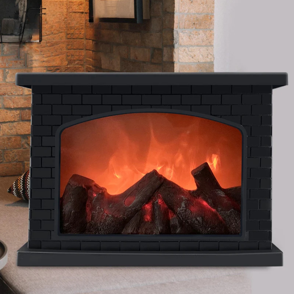 Black brick-style electric fireplace with glowing logs and flames on a neutral background.