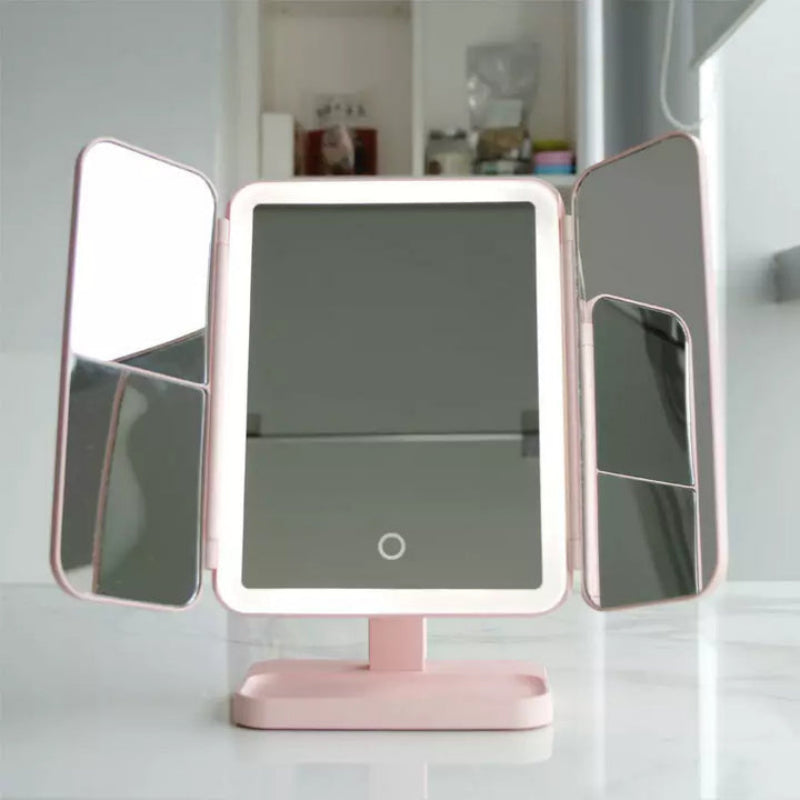 LED Vanity Mirror with Lights, Adjustable Viewing Angle, 2x/3x Magnifying Makeup Mirror, Foldable Design with Storage Tray 2