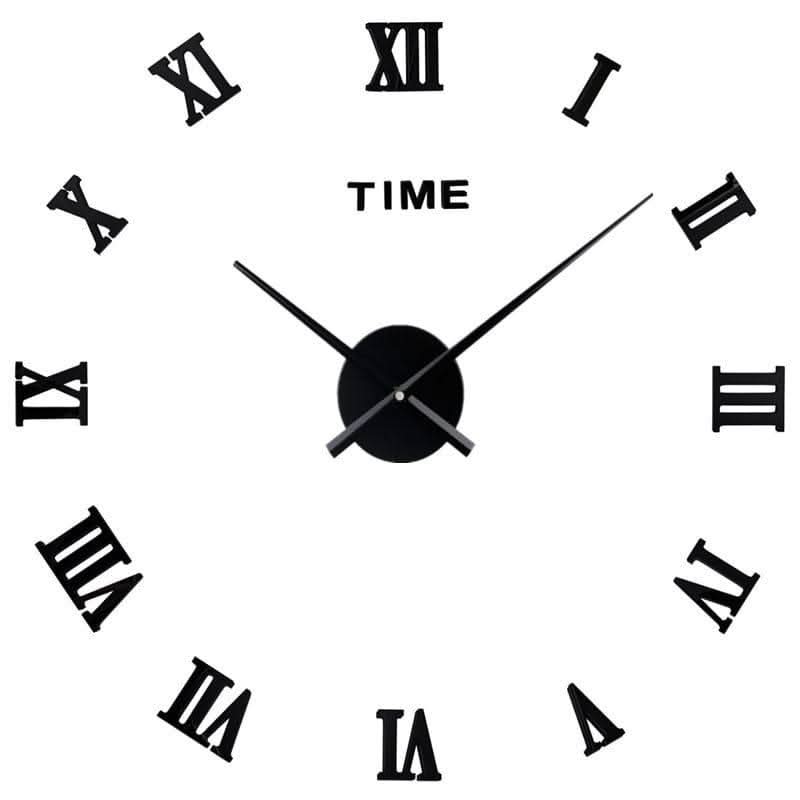 Black clock face with Roman numerals and the word 'TIME' on a white background