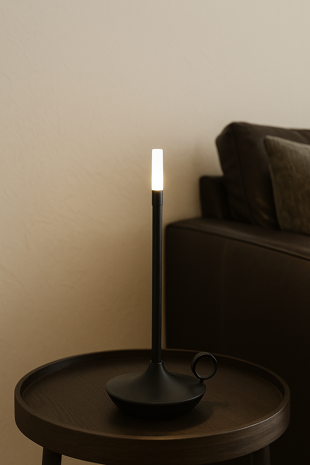 Modern black table lamp on a round wooden table with a neutral background