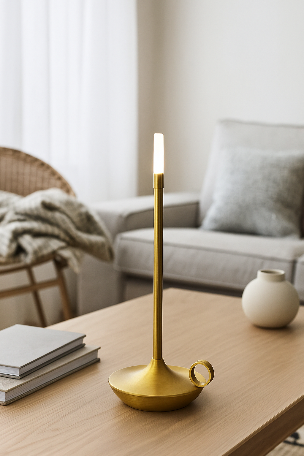 Gold candle holder on a wooden table with a living room background