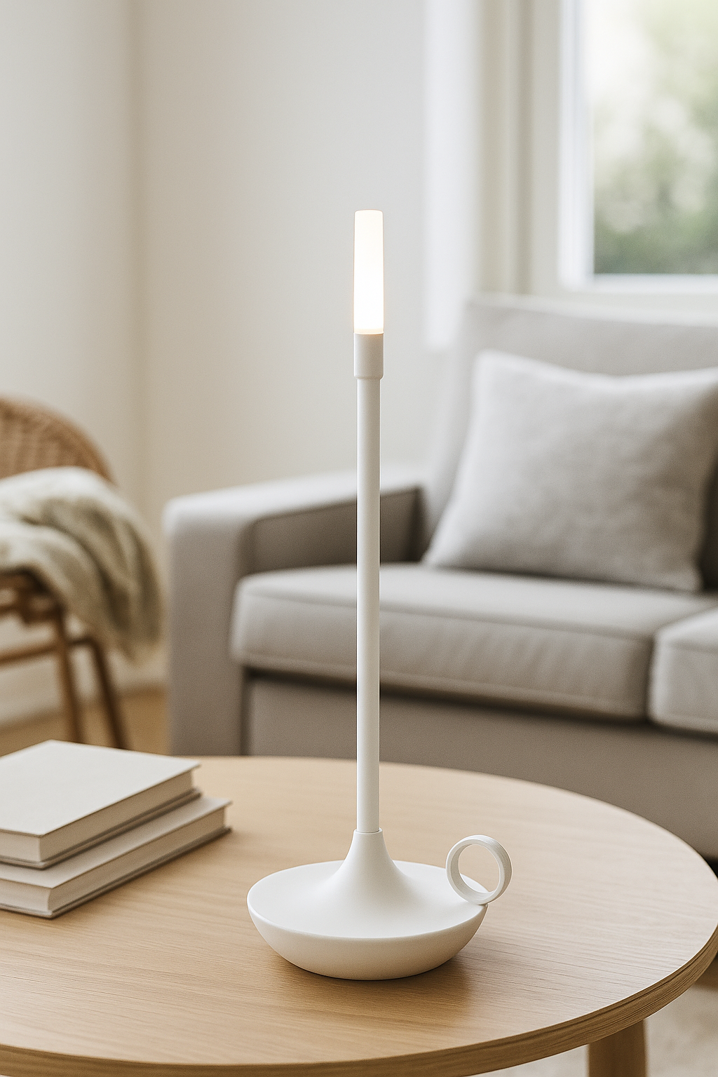 White ceramic candle holder on a wooden coffee table with a blurred living room background