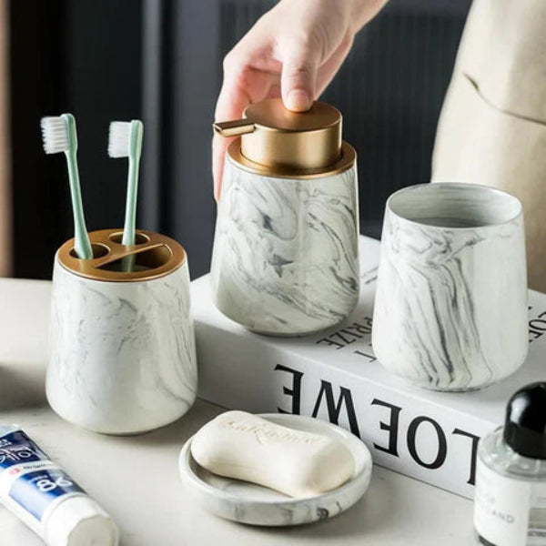 Luxury Marble Bathroom Set – 4-Piece Minimalist Ceramic Accessory Collection for Modern Decor 7