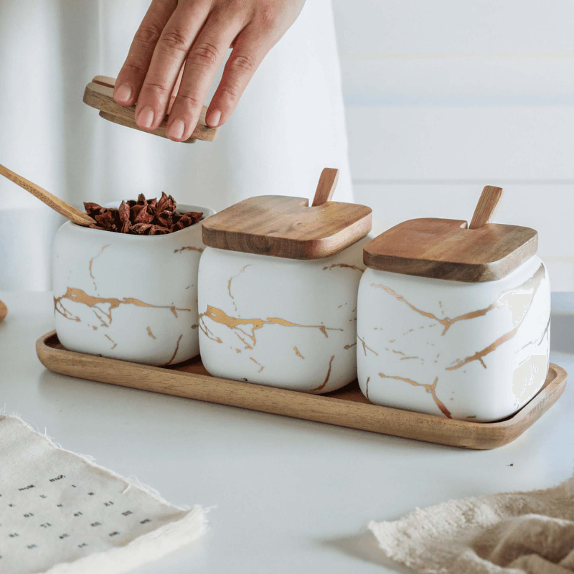 Luxury Porcelain Spice Jars Set with Wooden Tray - Modern Marble Design, Airtight Spice Containers for Kitchen Organization 0