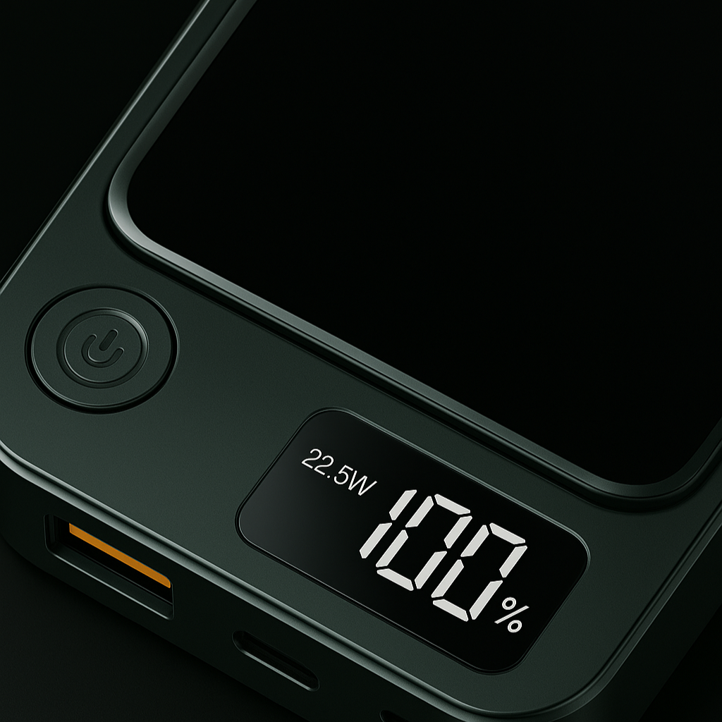 Black electronic device with digital display showing battery level and power output.