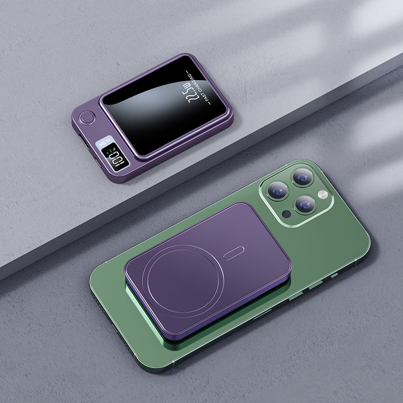 Green phone case with purple wireless charging pad on a gray surface