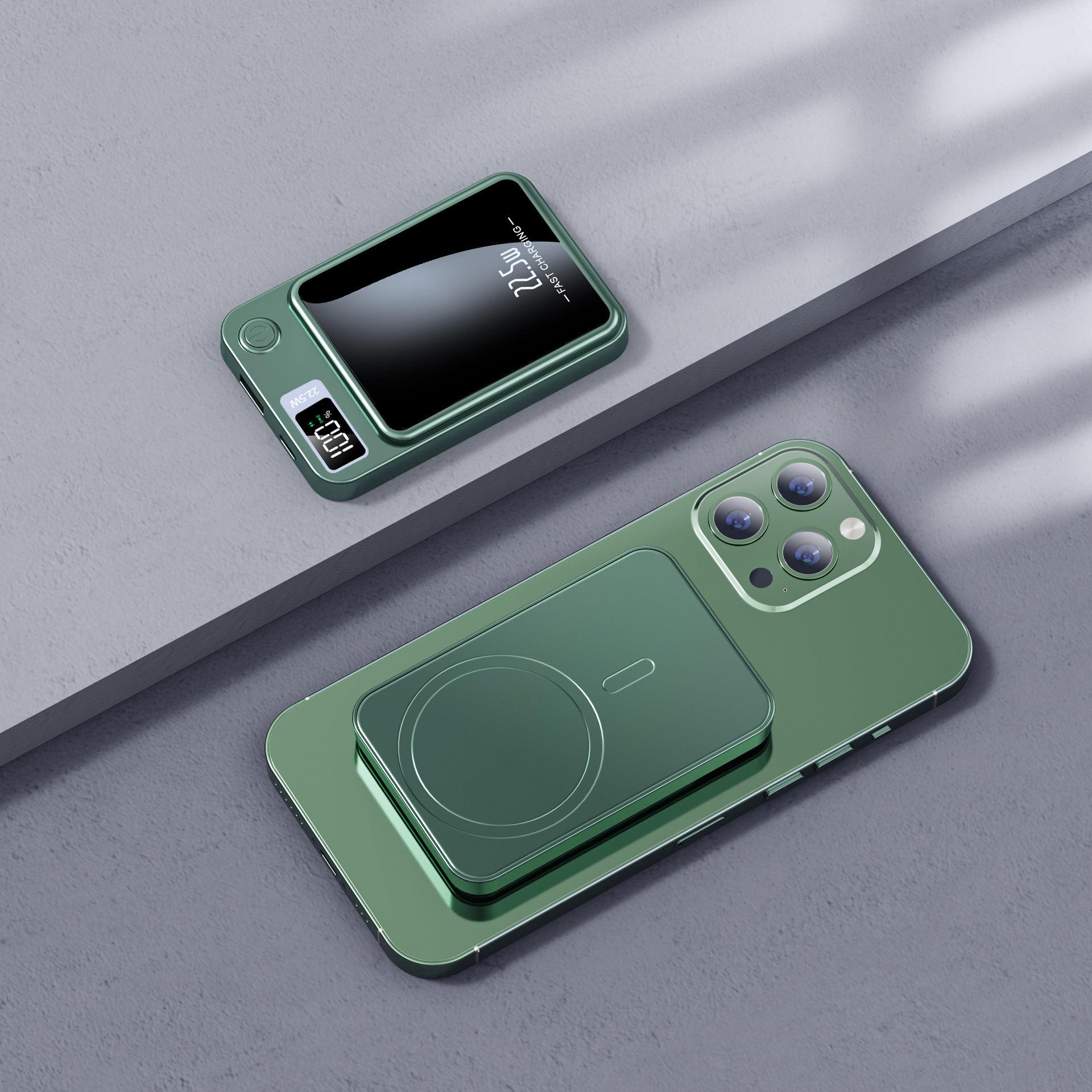 Green phone case with digital display on a gray surface