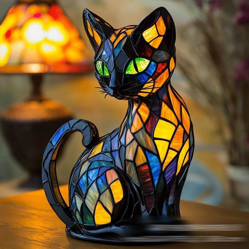Colorful stained glass cat lamp on a wooden surface with blurred background