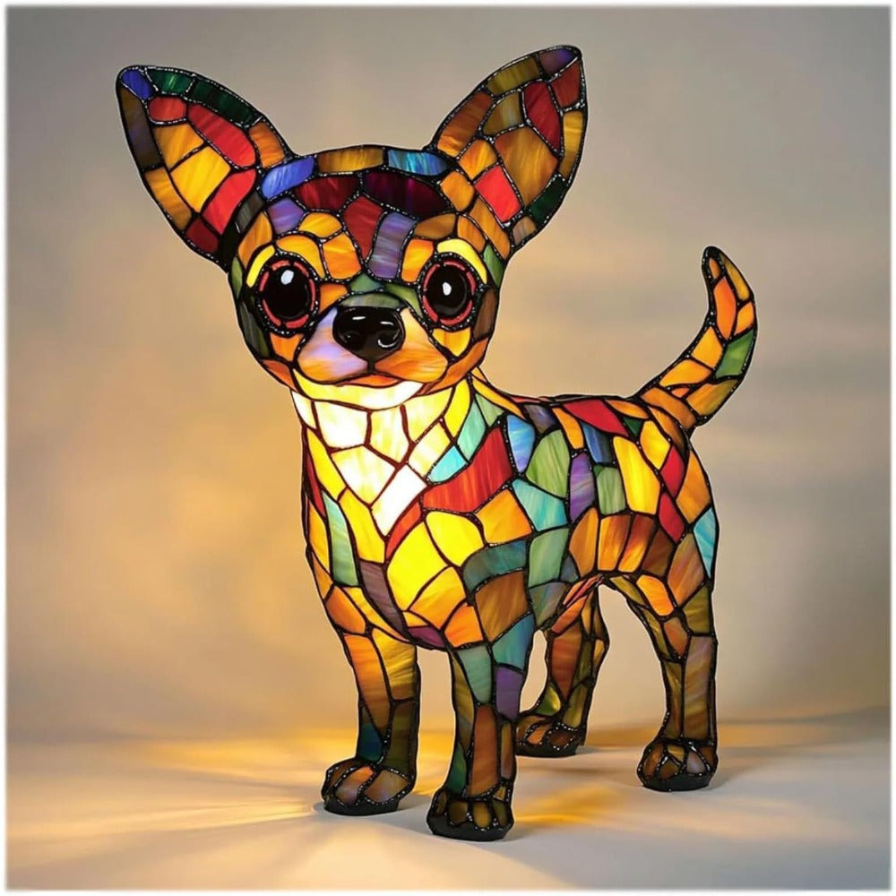 Colorful stained glass dog sculpture on a gradient background