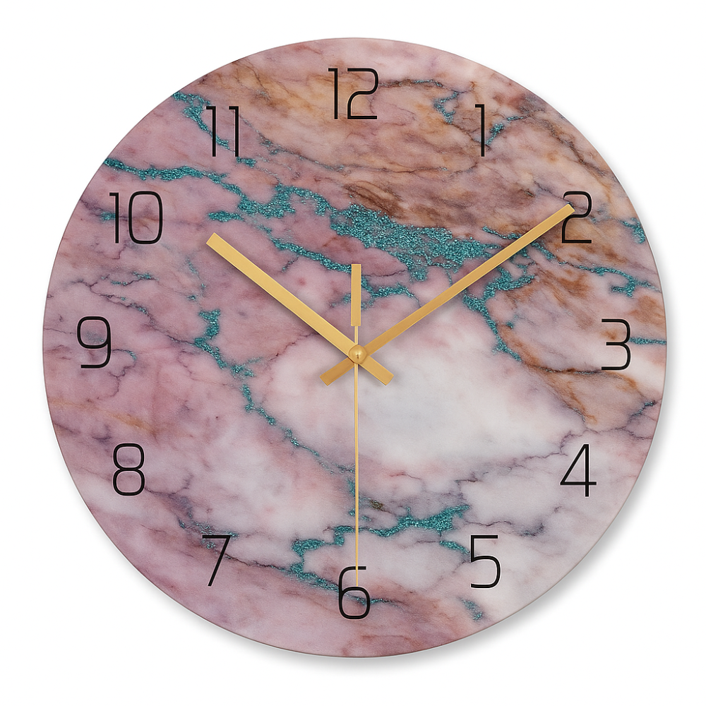 Marble-patterned wall clock with gold hands on a white background