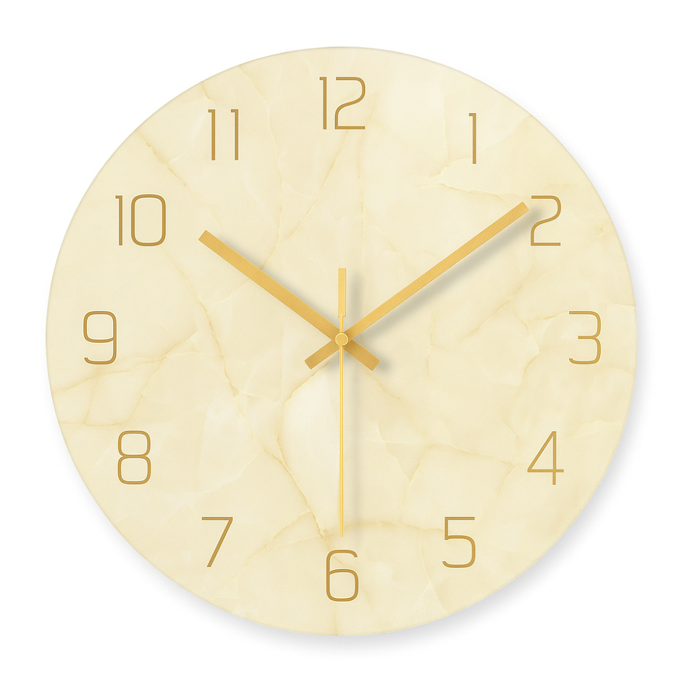 Wooden wall clock with gold hands on a white background