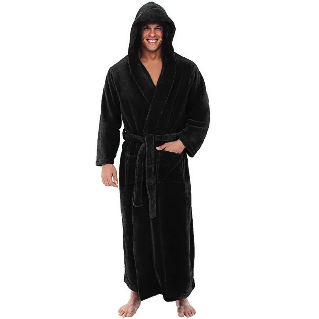 Man wearing a black hooded robe on a white background