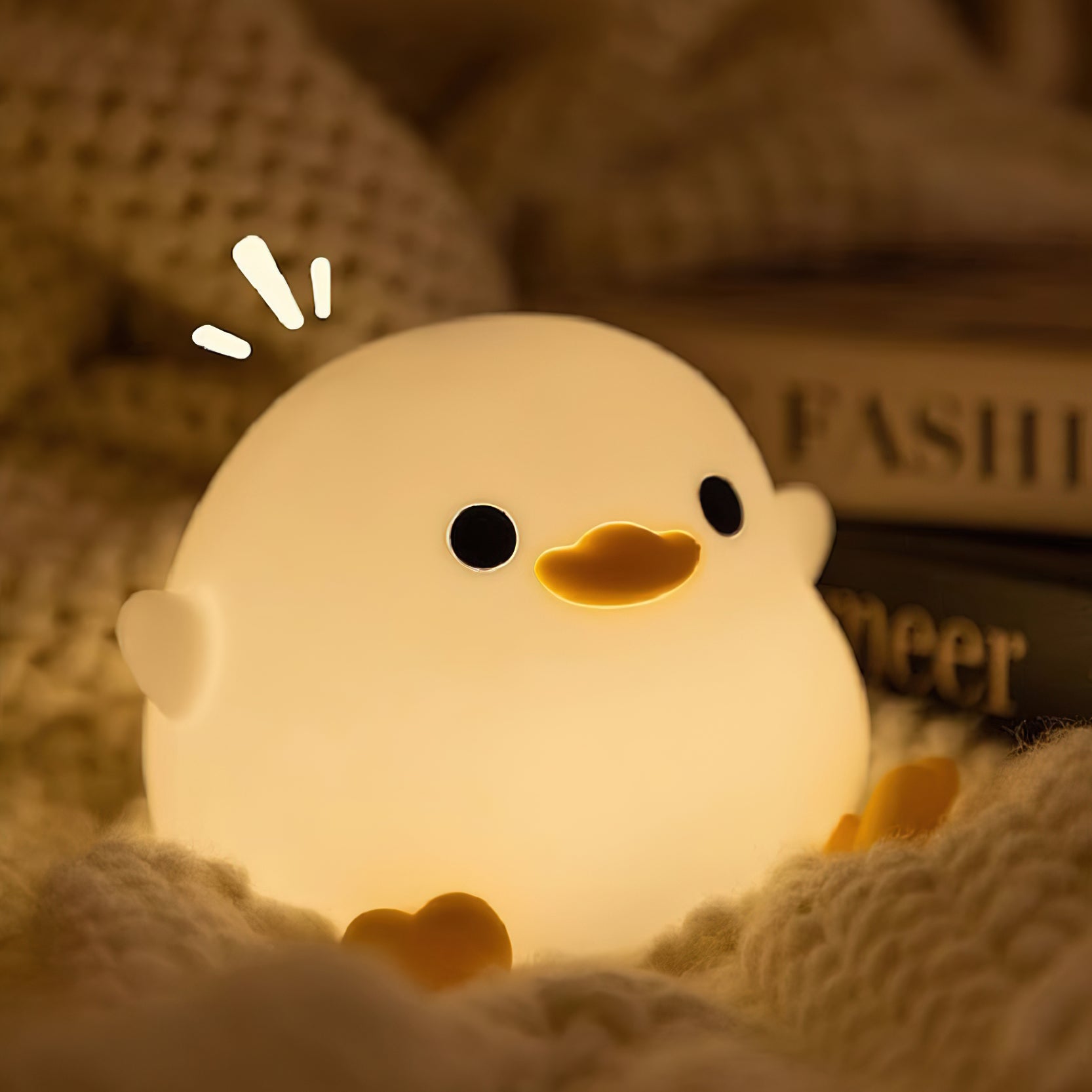Cute duck-shaped night light emitting a warm glow on a soft surface.