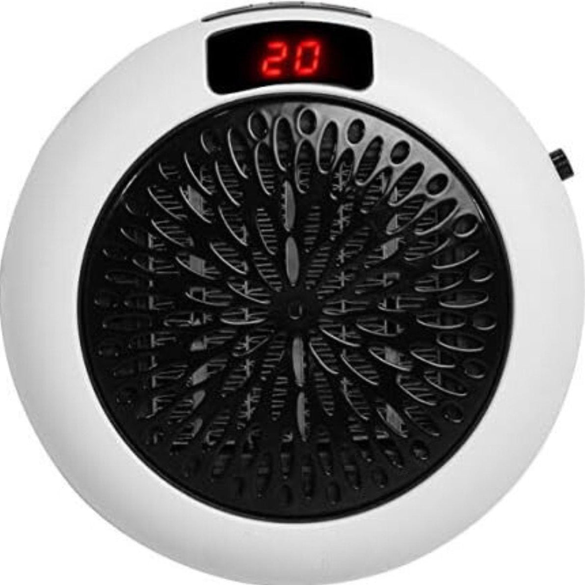 Small round electric heater with digital display on a white background