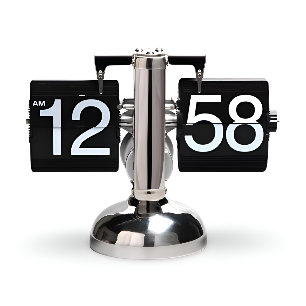Flip clock with black faceplates showing '12' and '58' on a white background