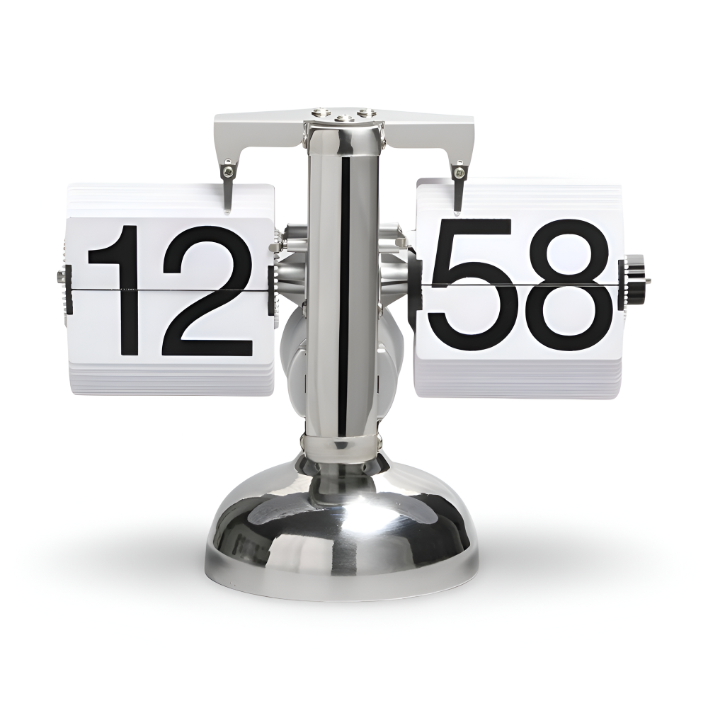 Flip clock with silver base and black numbers on a white background