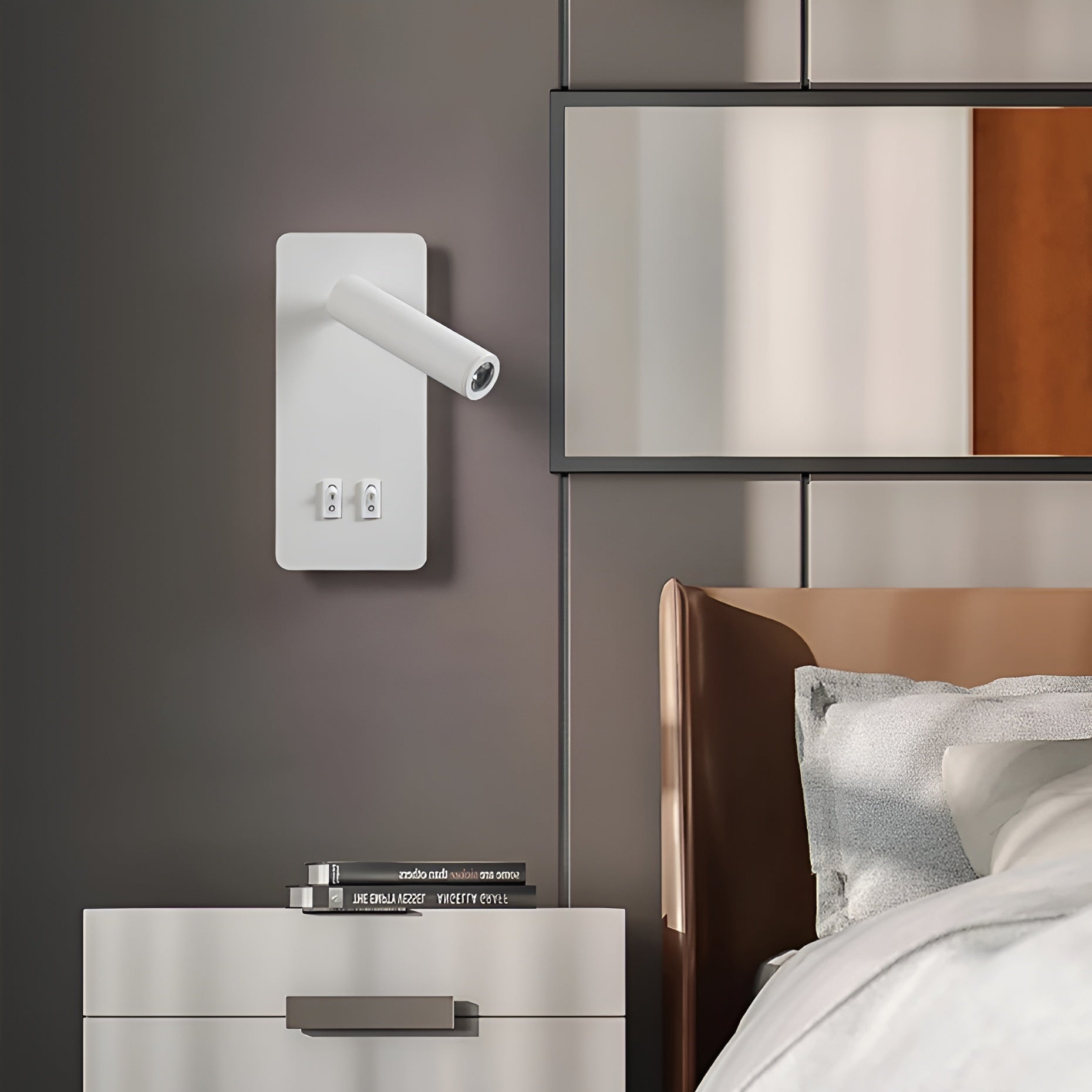 Modern bedroom with a nightstand, wall lamp, and bed.