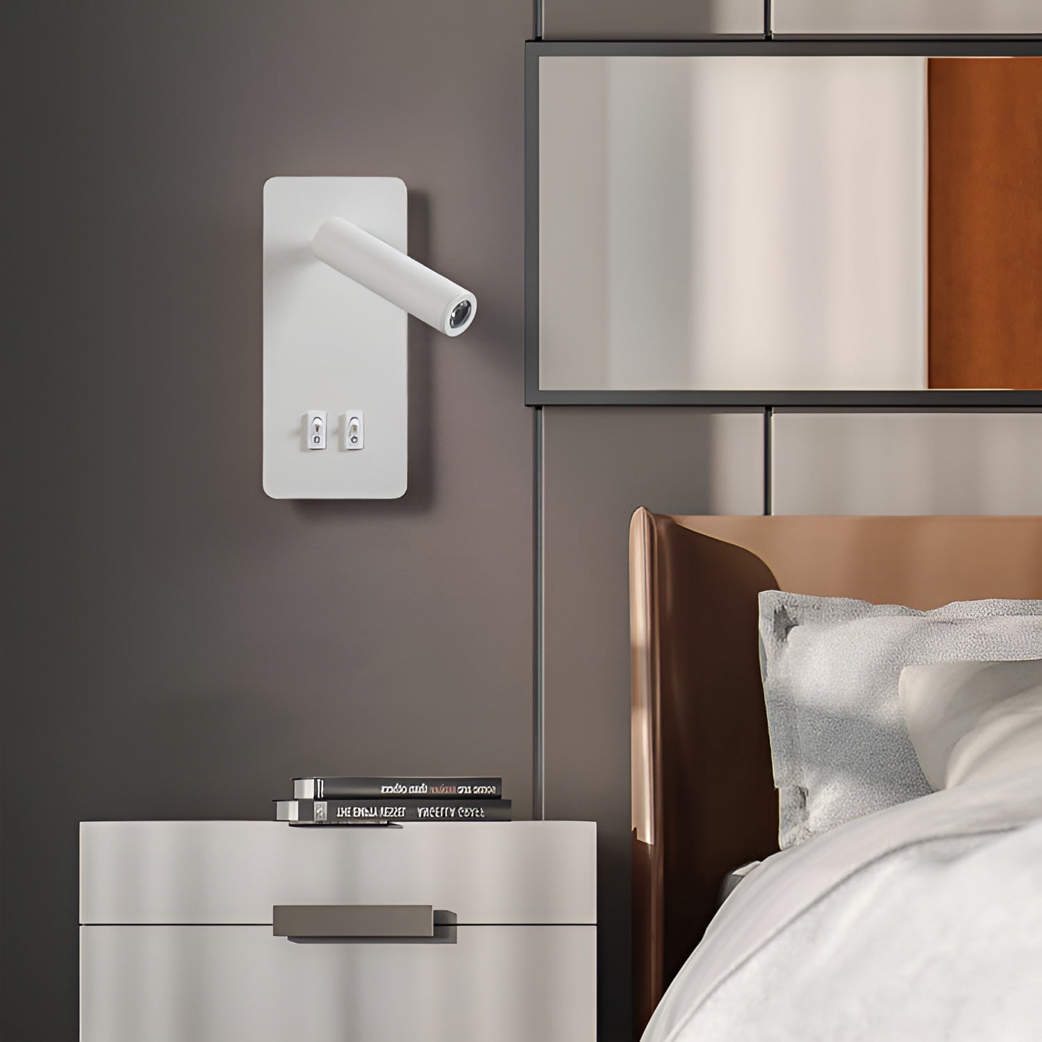 Modern bedroom with a nightstand, wall-mounted lamp, and bed.