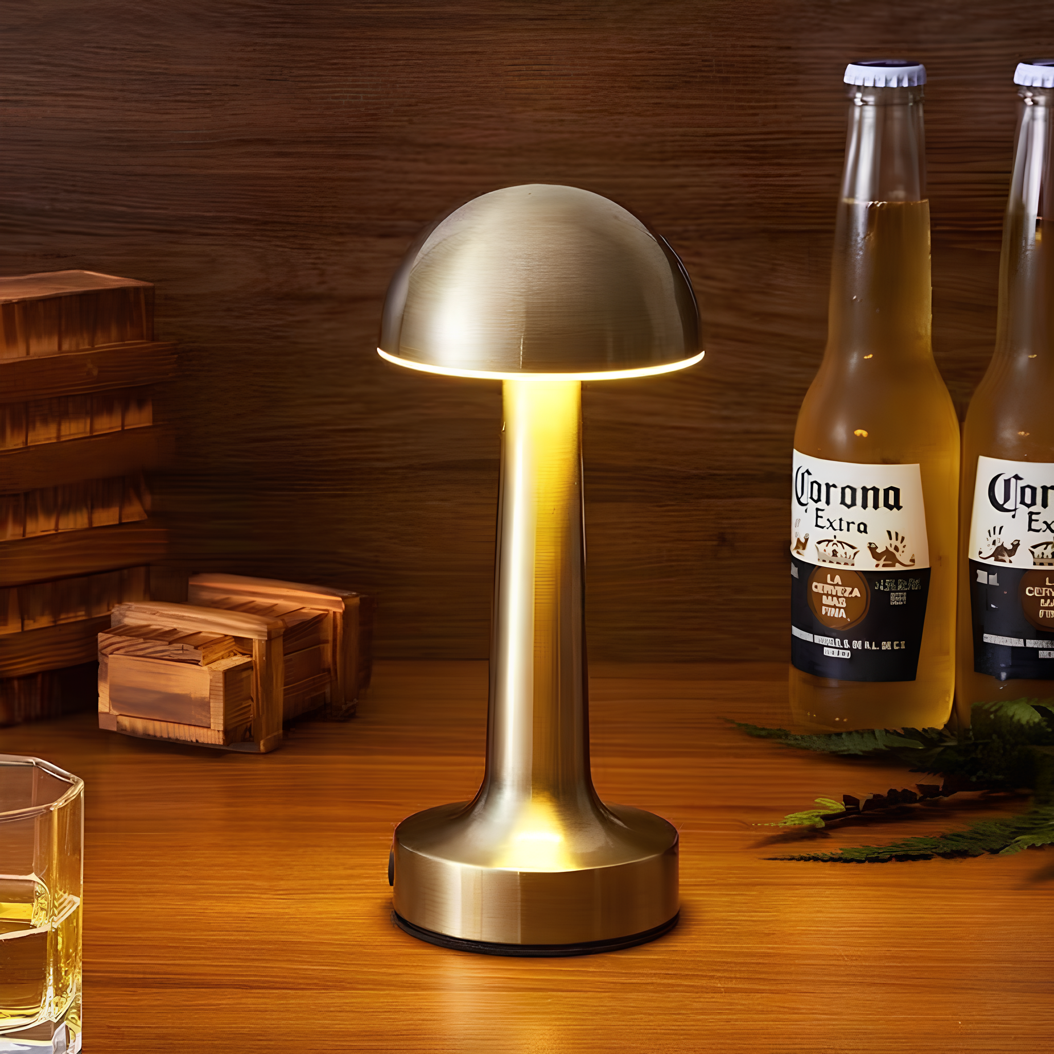 Gold lamp on a wooden surface with Corona Extra beer bottles in the background