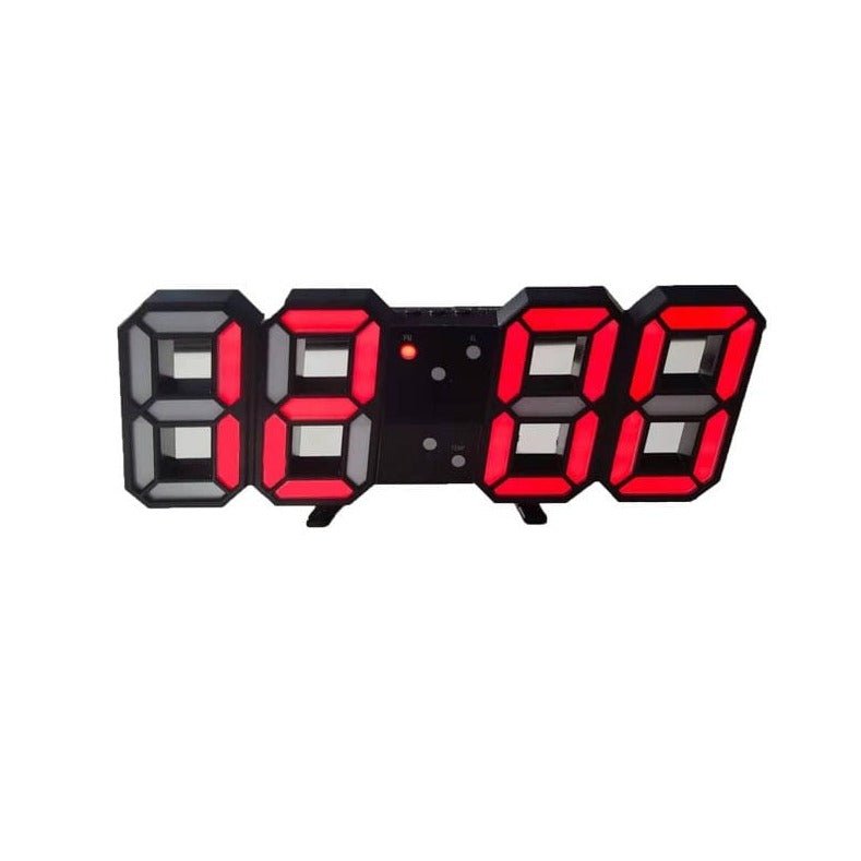 Digital clock with red LED display on a white background
