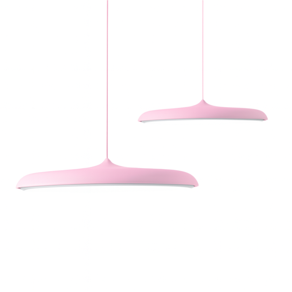 Two pink pendant lights on a white background