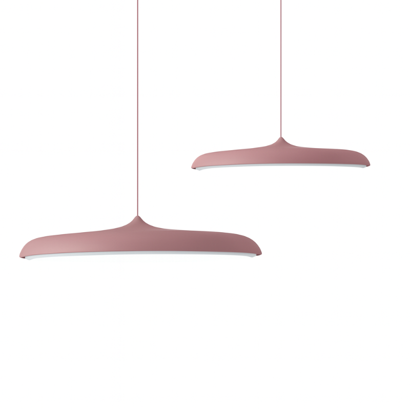 Two pink pendant lights on a white background