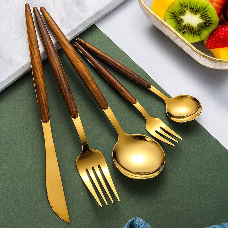 Modern Gold and Wood Cutlery Set - Elegant 5-Piece Dining Utensils with Stainless Steel and Wood Handles 2
